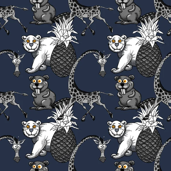 Girafe, ananas et ours blanc, motif sans couture castor — Image vectorielle