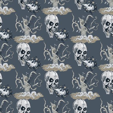 Vahşi yırtıcı ağaç ve kafatası nefes yangın seamless modeli