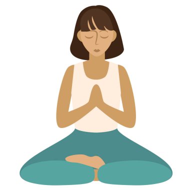 Kadın düz resimde beyaz üzerine meditasyon