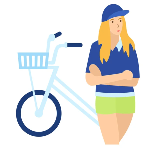 Mulher com bicicleta plana ilustração em branco — Vetor de Stock