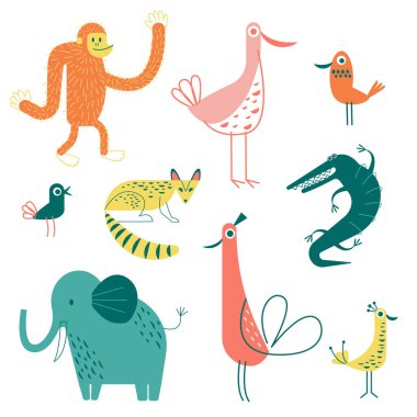 Beyaz üzerine hayvan baskı düz illüstrasyon