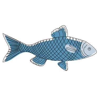Mavi balık el çizilmiş illüstrasyon arka planda izole