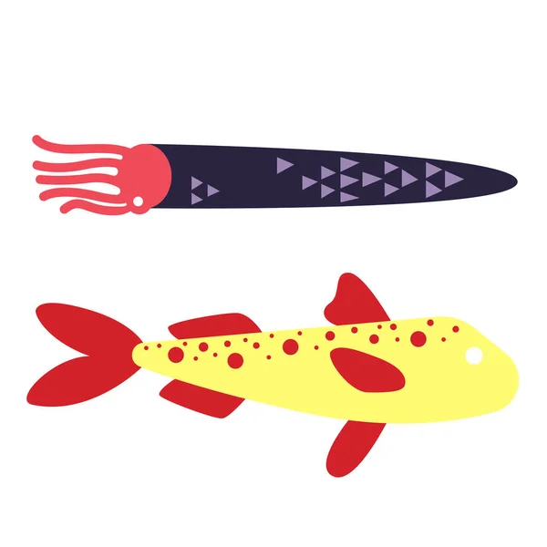 Peixe amarelo e lula ilustração simples sobre fundo branco — Vetor de Stock