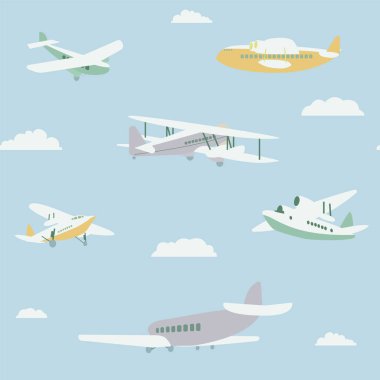 Uçaklar desen dikişsiz tasarım illüstrasyon