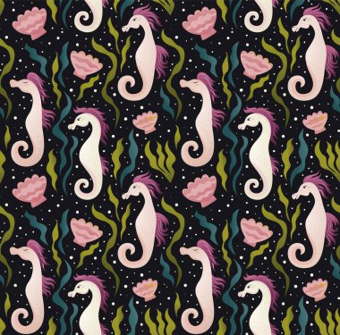 Seahorse desen dikişsiz tasarım illüstrasyon