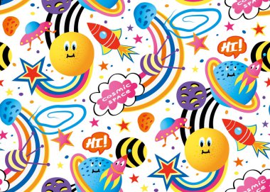 Çocuklar komik gezegenler desen dikişsiz tasarım illüstrasyon