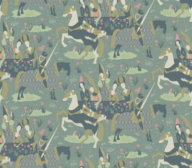 Ortaçağ şövalyeleri desen dikişsiz tasarım illüstrasyon