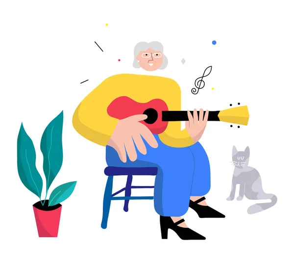 Feliz alegre anciana tocando el instrumento ukelele Ilustraciones de stock libres de derechos