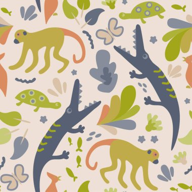 Timsah desenli kusursuz tasarım çizimi. Kumaş ve duvar kağıdı serisi.