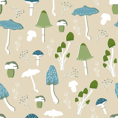 Mantar desenli, dikişsiz tasarım. Dekorasyon tekstil ve kağıt serisi