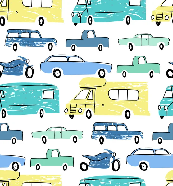 Voitures Ville Transport Dessin Animé Modèle Sans Couture Enfants Dessin — Image vectorielle