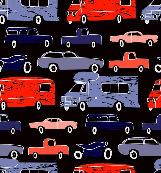 市の車や輸送漫画のシームレスなパターン 子供漫画手描きシリーズ — ストックベクタ
