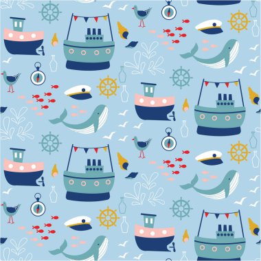 Denizci çocuk desenleri kusursuz el çizimi. Çocuklar ev dekorasyonu serisi.