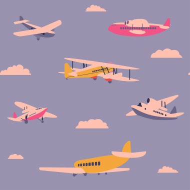 Uçak desenleri kusursuz tasarım çizimleri. Kumaş ve duvar kağıdı serisi.