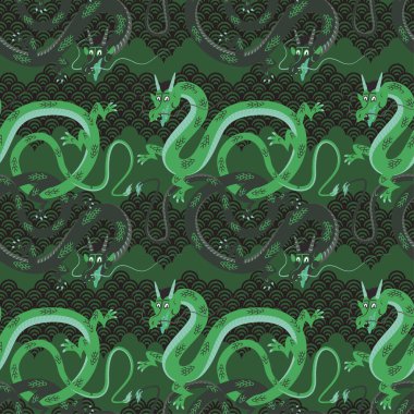 Ejderha desenli kusursuz tasarım çizimi. Kumaş ve duvar kağıdı serisi.