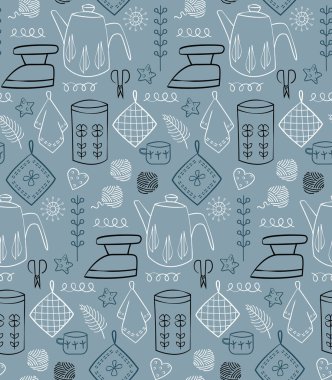 Mutfak desenli düz çizim. Ev ve mutfak yüzey dizisi.