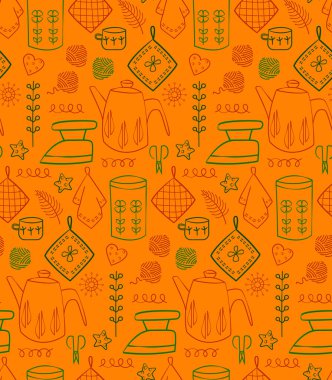 Mutfak desenli düz çizim. Mutfak ve ev dekorasyonu serisi.