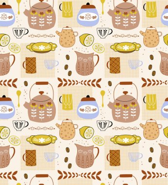 Mutfak desenli düz çizim. Ev ve mutfak yüzey dizisi.