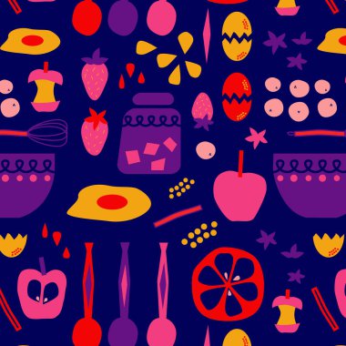Mutfak kusursuz desenli dekoratif tasarım. Ev dekorasyonu, kumaş ve ambalaj serisi.