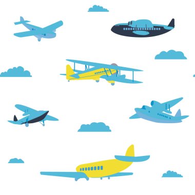 Uçak desenleri kusursuz tasarım çizimleri. Kumaş ve duvar kağıdı serisi.