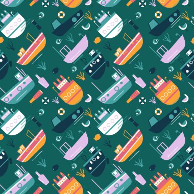 Gemi desenli düz çizim. Çocuklar yüzey tasarımı ve kumaş desen serisi.