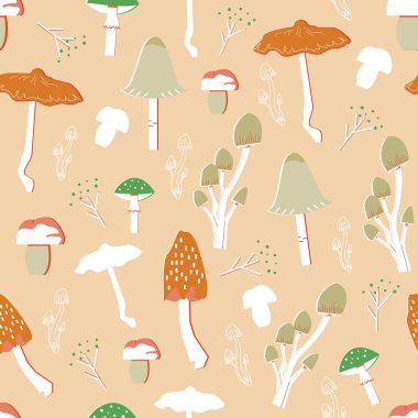 Mantar desenli, dikişsiz tasarım. Dekorasyon tekstil ve kağıt serisi