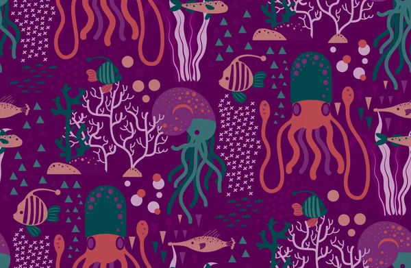 水下生物图案无缝设计 装饰纺织和造纸业系列 — 图库矢量图片