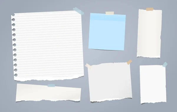 White torn note, notebook paper pieces for text stuck with sticky tape on gray background. Vector illustration. — Stock Vector