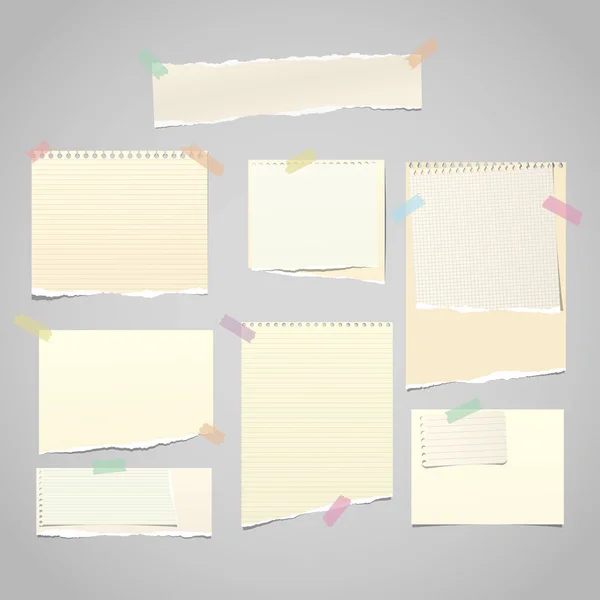 Yellow torn note, notebook paper pieces for text stuck with sticky tape on gray background. Vector illustration. — Stock Vector