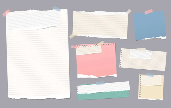 Colorful and white lined torn note, notebook paper pieces for text stuck with sticky tape on gray background. Vector illustration. — Stock Vector