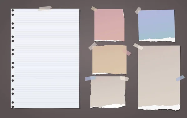 Colorful and white lined torn note, notebook paper pieces for text stuck with sticky tape on brown background. Vector illustration. — Stock Vector