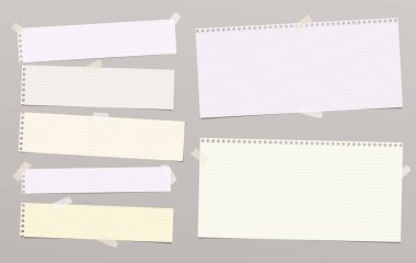 Çizgili Not defter kağıt şeritler için metin gri arka plan üzerinde yapışkan bant ile sıkışmış. Vektör çizim.