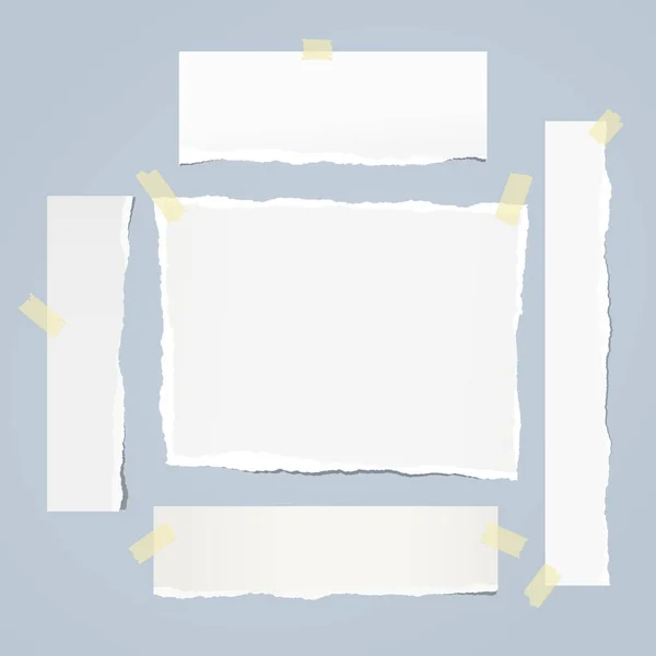 Torn white note, notebook paper pieces for text stuck with sticky tape blue background. Vector illustration. — Stock Vector
