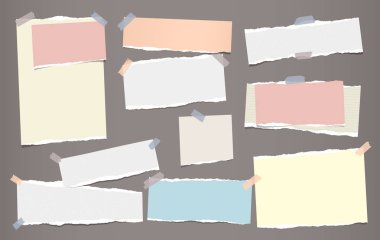 Renkli Not, defter kağıt parçaları ile yırtık kenar üzerinde koyu kahverengi kağıt sıkışmış. Vektör çizim.