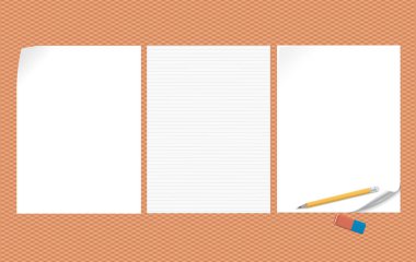 Beyaz boş ve çizgili Not, defter kağıt turuncu kare arka plan metin veya reklam mesajı için kıvrılmış köşeleri kümesi