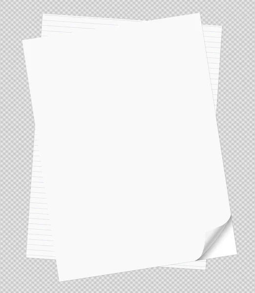 Conjunto de papel cuaderno blanco apilado con esquinas rizadas para texto o mensaje publicitario sobre fondo cuadrado gris — Vector de stock