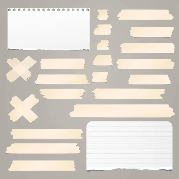 Adhesivo marrón, pegajoso, enmascarado, tiras de cinta adhesiva con nota desgarrada, papel de cuaderno para texto sobre fondo gris. Ilustración vectorial . — Vector de stock