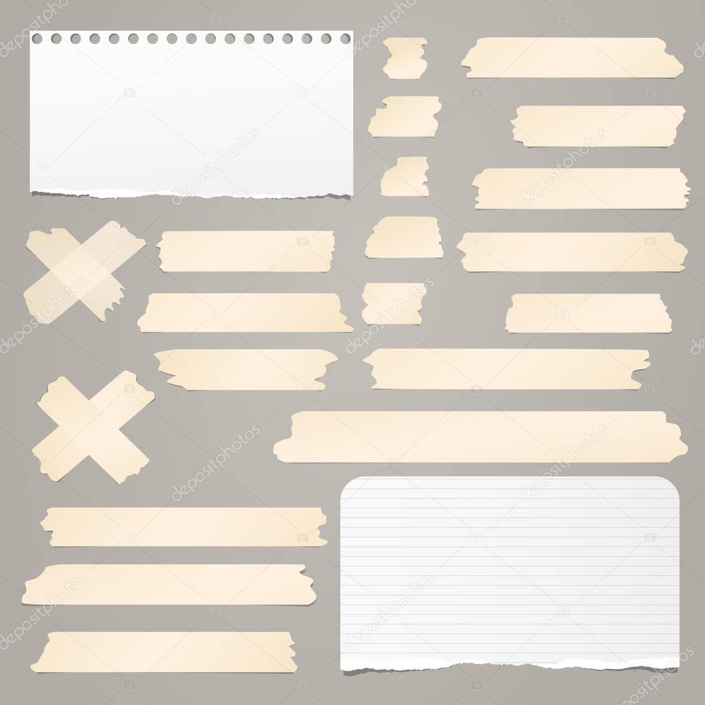 Brown adhesive, sticky, masking, duct tape strips with torn note, notebook paper for text on gray background. Vector illustration.