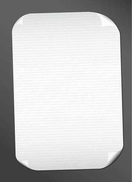 Papier cahier doublé blanc avec coins bouclés pour texte ou message publicitaire sur fond noir — Image vectorielle