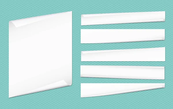 Conjunto de tiras de papel cuaderno blanco con esquinas rizadas para texto o mensaje publicitario sobre fondo turquesa — Archivo Imágenes Vectoriales