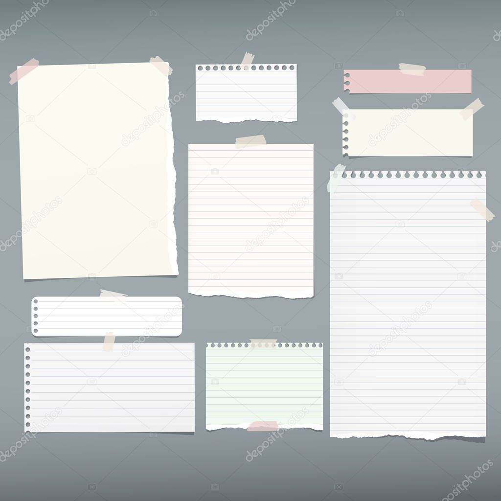 White lined note, notebook paper pieces with torn edges stuck on gray backgroud. Vector illustration.