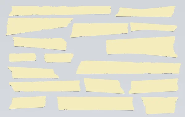 Adhésif jaune, collant, masquage, ruban adhésif, bandes de papier morceaux pour texte sur fond gris . — Image vectorielle