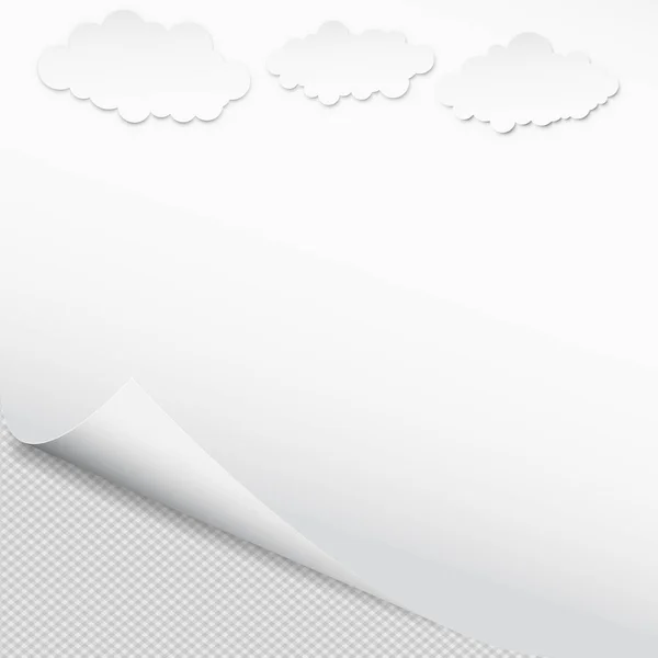 Papel cuaderno blanco con esquina rizada con nubes para texto o mensaje publicitario sobre fondo cuadrado — Vector de stock