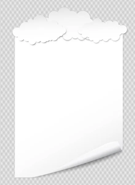 Papel de caderno branco com canto ondulado para texto ou mensagem publicitária em fundo quadrado cinza com nuvens . —  Vetores de Stock