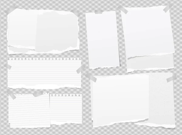 Nota forrada branca, peças de papel notebook com bordas rasgadas preso com fita adesiva no backgroud quadrado cinza. Ilustração vetorial . —  Vetores de Stock