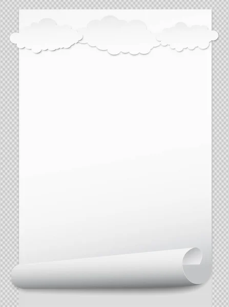 Wit gerold Opmerking notebookpapier voor tekst of reclameboodschap op grijze vierkante achtergrond met wolken. — Stockvector