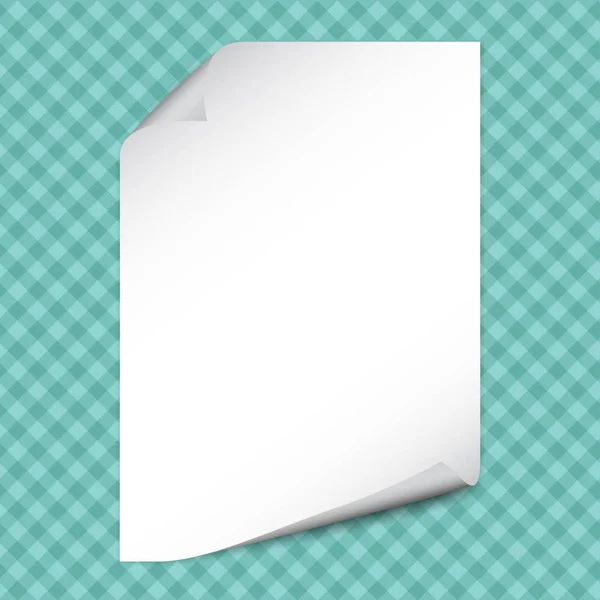 Weißes Notizheftpapier mit geschwungenen Ecken für Text- oder Werbebotschaften auf kariertem türkisfarbenem Hintergrund — Stockvektor