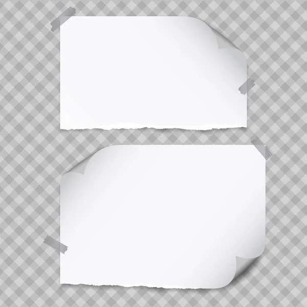 Set of white torn notebook paper with curled corners for text or advertising message on gray squared background. — Stock Vector