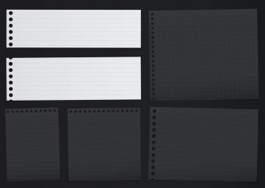 Siyah, beyaz dikkat, defter kağıt parçaları yırtık kenarlar üzerinde siyah backgroud şaşırıp kalmış ile kaplı. Vektör çizim.