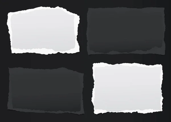 Piezas de papel negro, blanco, cuaderno con bordes rotos pegados en el fondo negro. Ilustración vectorial . — Vector de stock